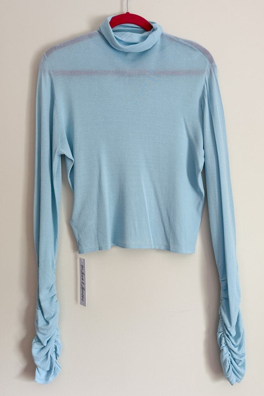 For Love and Lemons Turtleneck Top Ruched Sleeve Blouse Mesh Pale Blue Size 2X